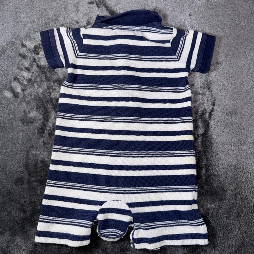 Ralph Lauren Baby Boy Navy White Striped Polo Romper 6M Short Sleeve Pony Logo